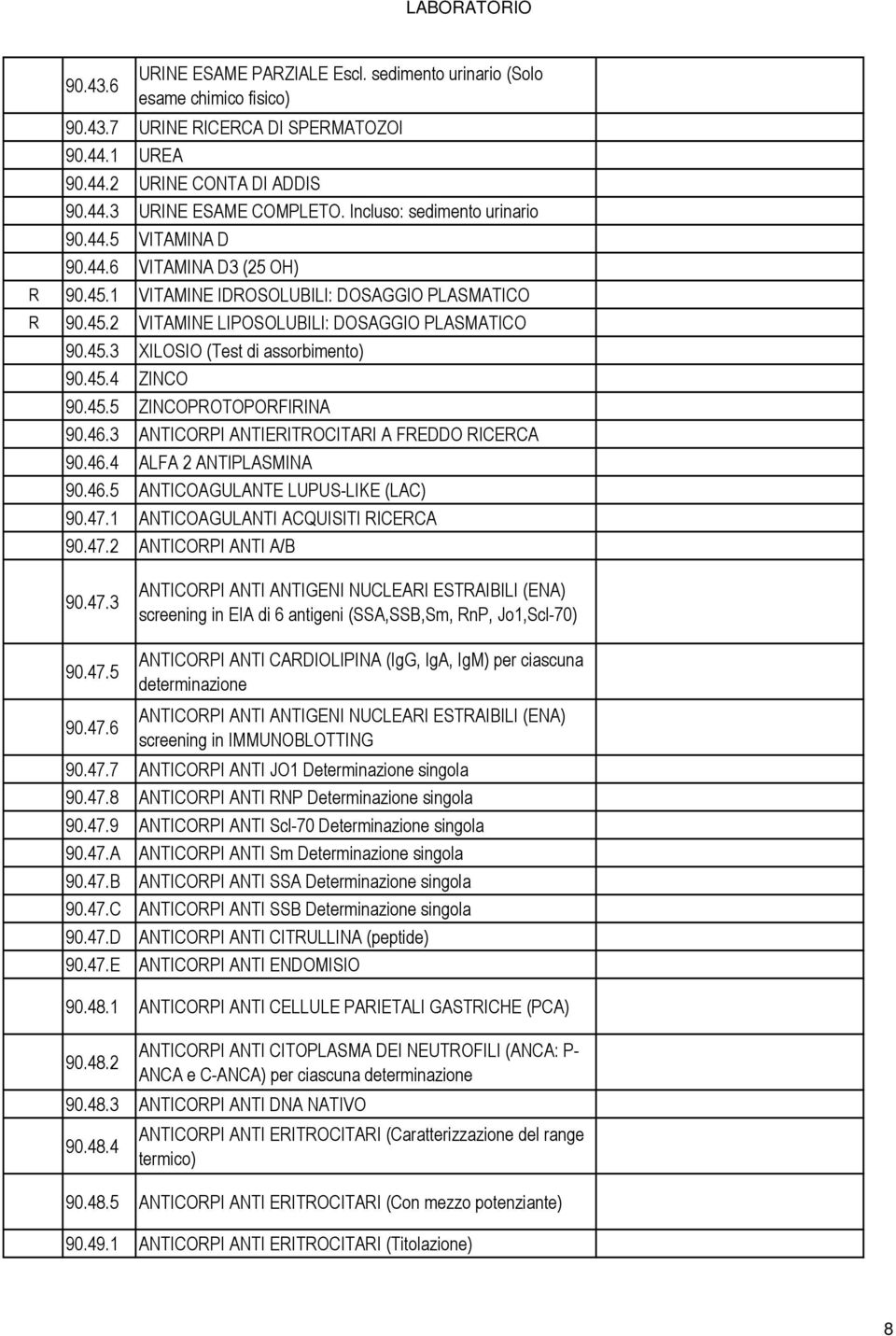 45.4 ZINCO 90.45.5 ZINCOPROTOPORFIRINA 90.46.3 ANTICORPI ANTIERITROCITARI A FREDDO RICERCA 90.46.4 ALFA 2 ANTIPLASMINA 90.46.5 ANTICOAGULANTE LUPUS-LIKE (LAC) 90.47.