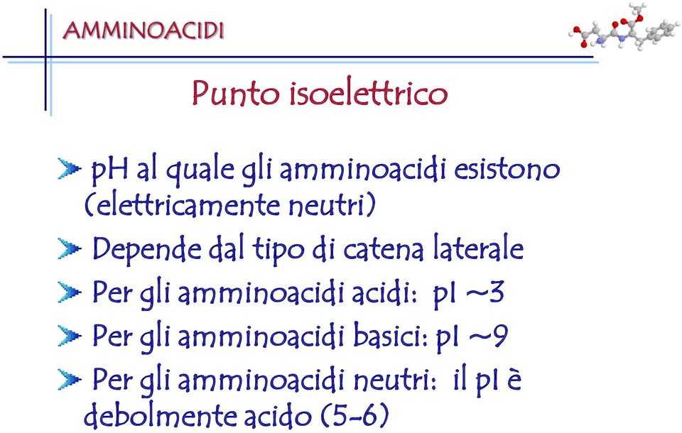 laterale Per gli amminoacidi acidi: pi ~3 Per gli amminoacidi