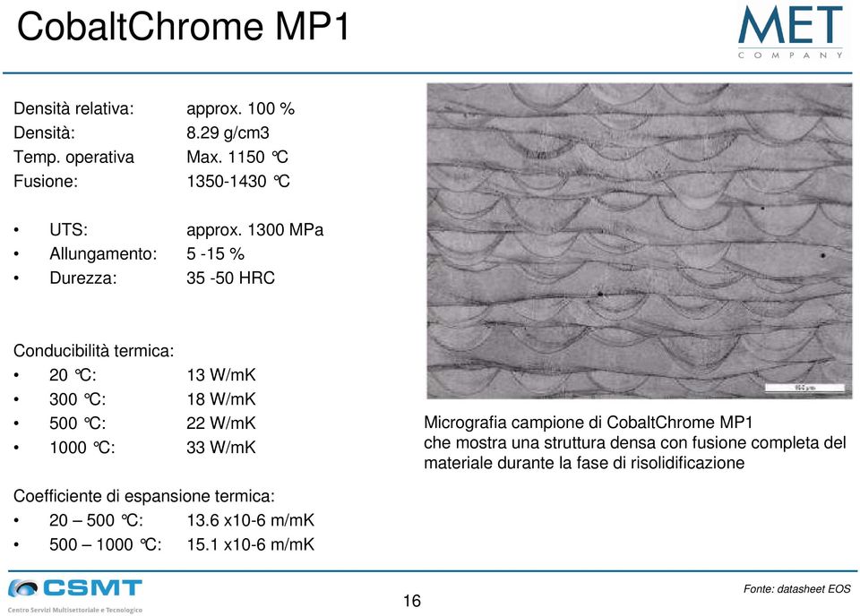 W/mK Micrografia campione di CobaltChrome MP1 che mostra una struttura densa con fusione completa del materiale durante la fase