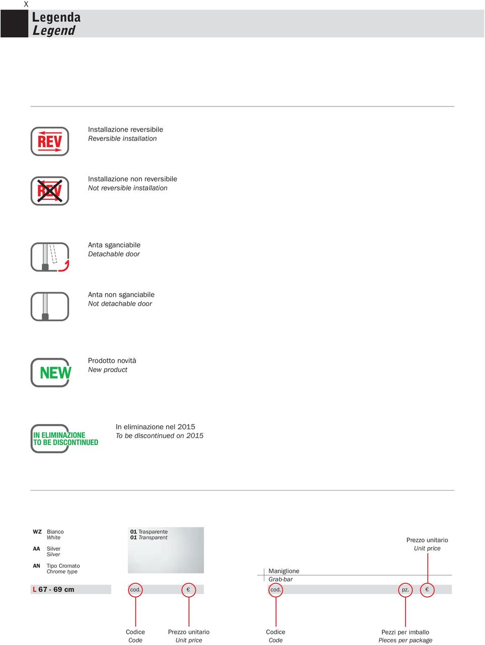 discontinued on 2015 WZ Bianco White AA Silver Silver 01 Trasparente 01 Transparent Prezzo unitario Unit price AN Tipo Cromato