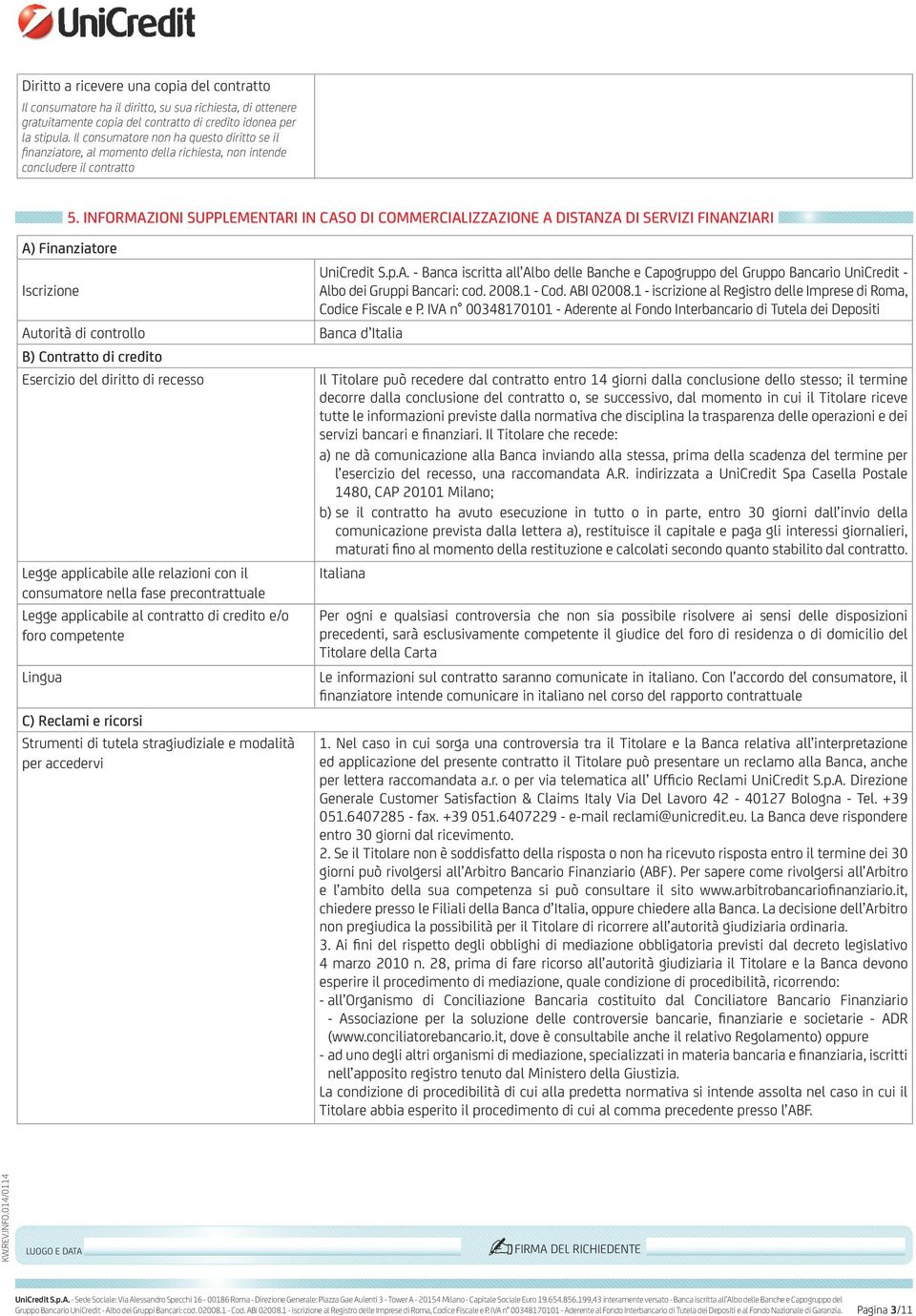 Informazioni supplementari in caso di commercializzazione a distanza di servizi finanziari A) Finanziatore Iscrizione Autorità di controllo B) Contratto di credito Esercizio del diritto di recesso