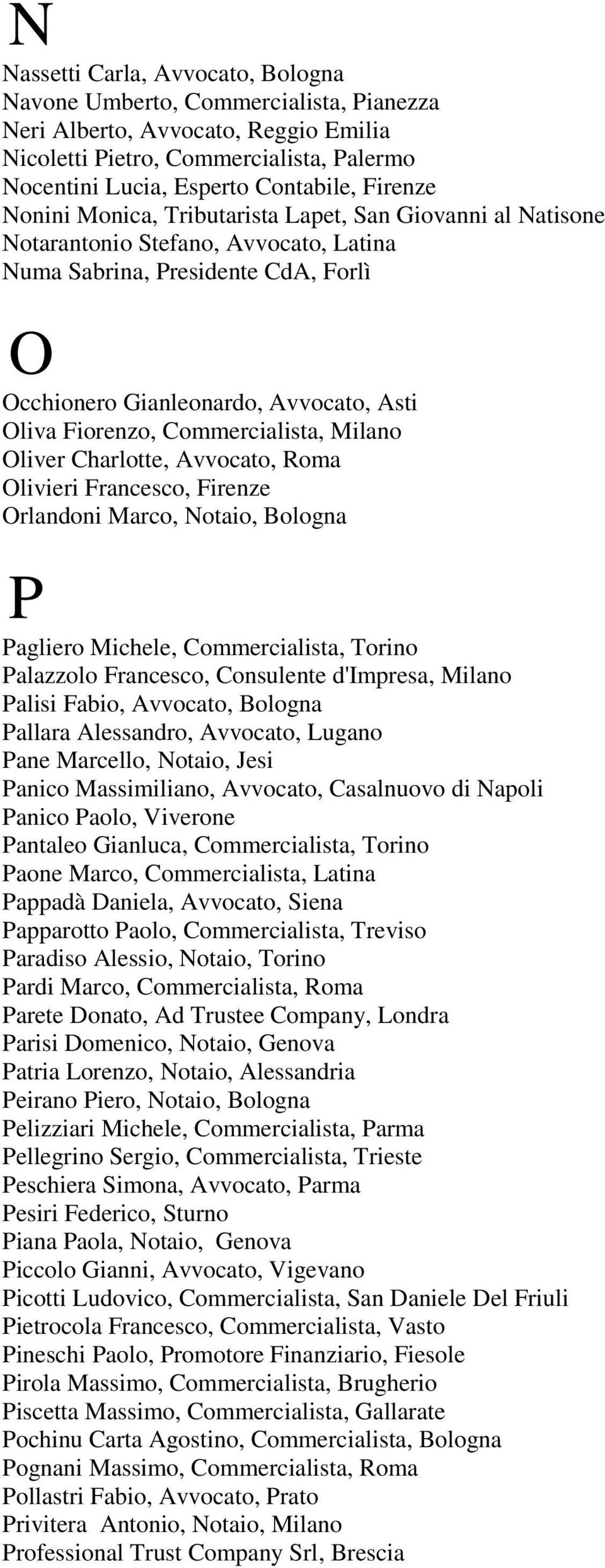 Fiorenzo, Commercialista, Milano Oliver Charlotte, Avvocato, Roma Olivieri Francesco, Firenze Orlandoni Marco, Notaio, Bologna P Pagliero Michele, Commercialista, Torino Palazzolo Francesco,