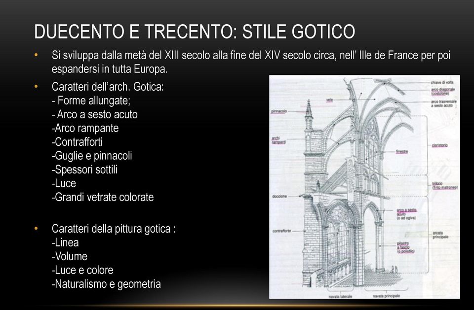 Gotica: - Forme allungate; - Arco a sesto acuto -Arco rampante -Contrafforti -Guglie e pinnacoli