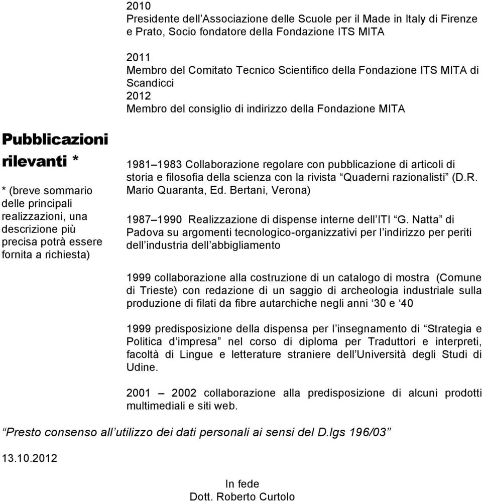 fornita a 1981 1983 Collaborazione regolare con pubblicazione di articoli di storia e filosofia della scienza con la rivista Quaderni razionalisti (D.R. Mario Quaranta, Ed.