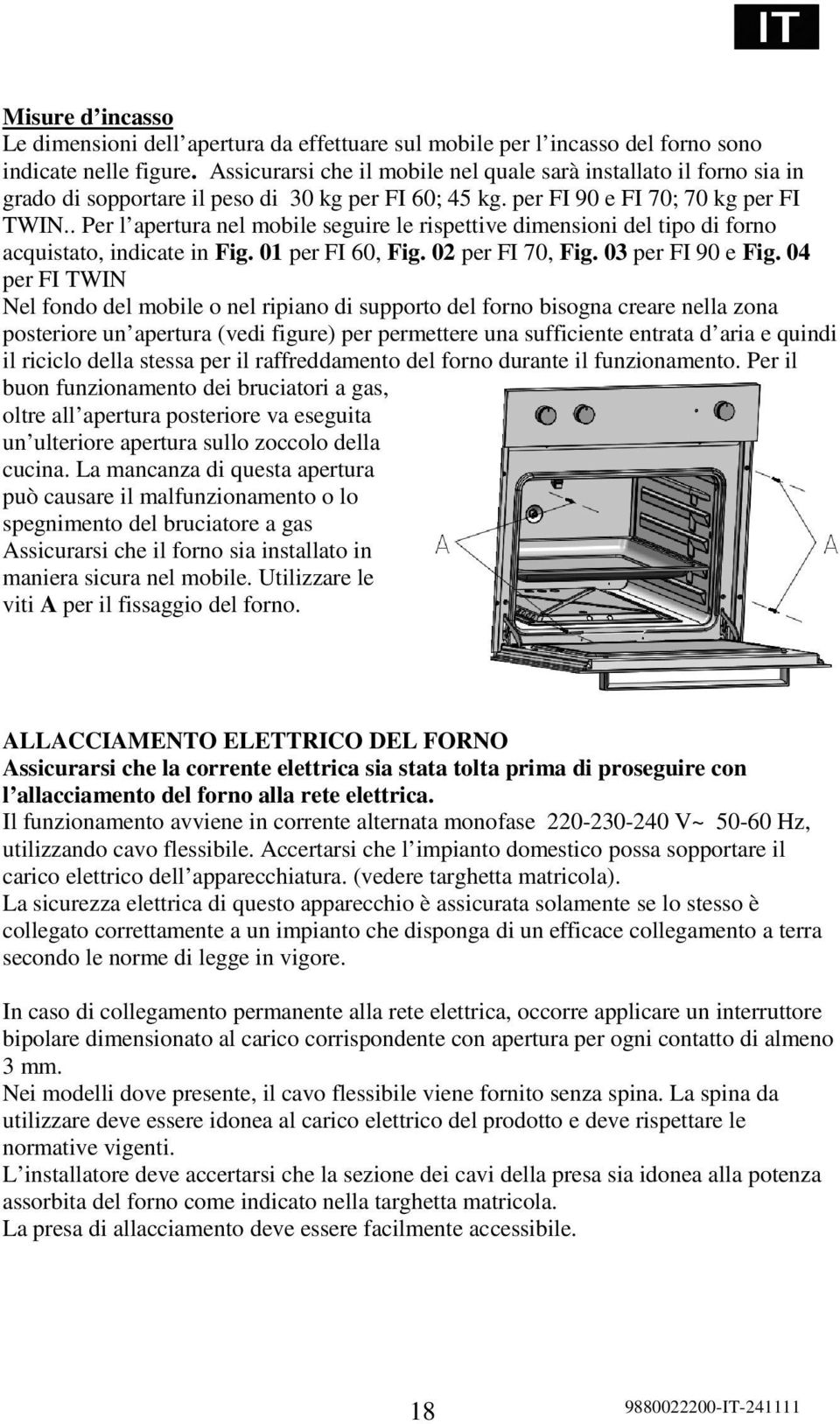 . Per l apertura nel mobile seguire le rispettive dimensioni del tipo di forno acquistato, indicate in Fig. 01 per FI 60, Fig. 02 per FI 70, Fig. 03 per FI 90 e Fig.