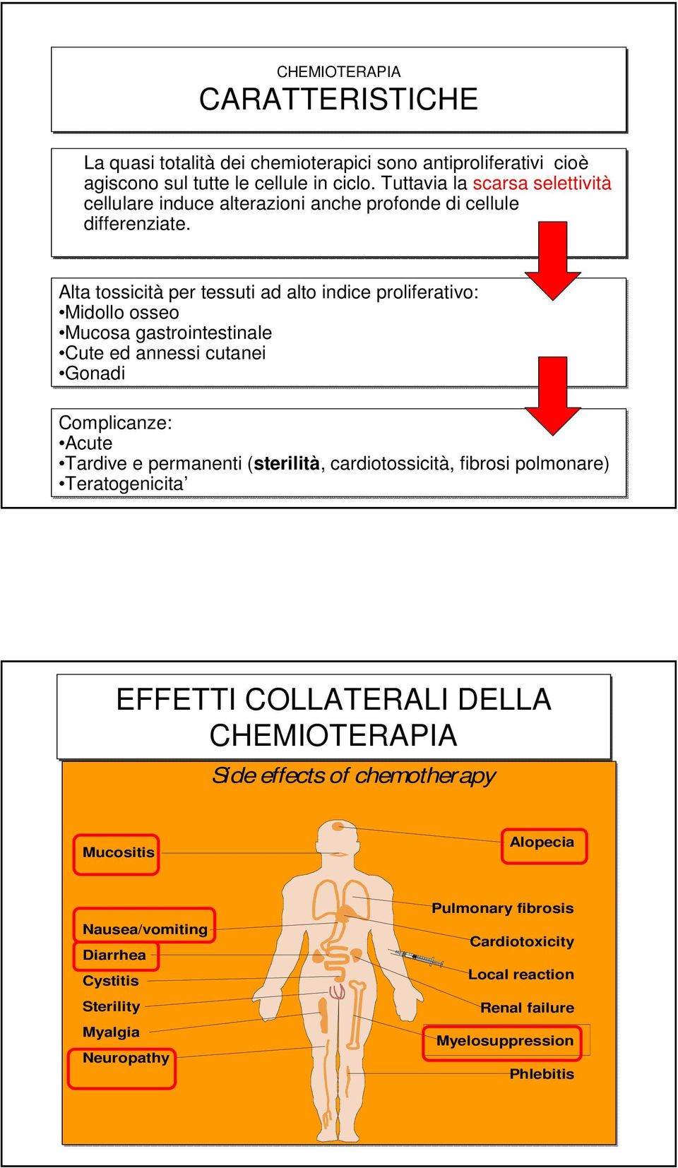 Alta tossicità per tessuti ad alto indice proliferativo: Midollo osseo Mucosa gastrointestinale Cute ed annessi cutanei Gonadi Complicanze: Acute Tardive e permanenti