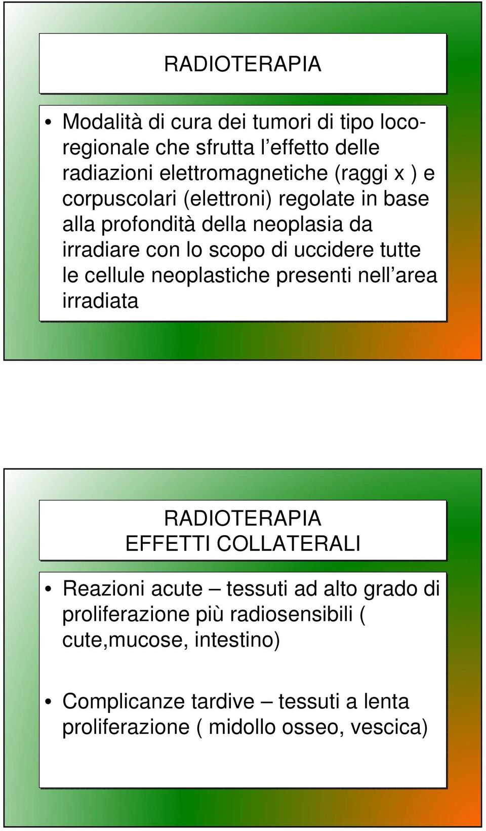 cellule neoplastiche presenti nell area irradiata RADIOTERAPIA EFFETTI COLLATERALI Reazioni acute tessuti ad alto grado di