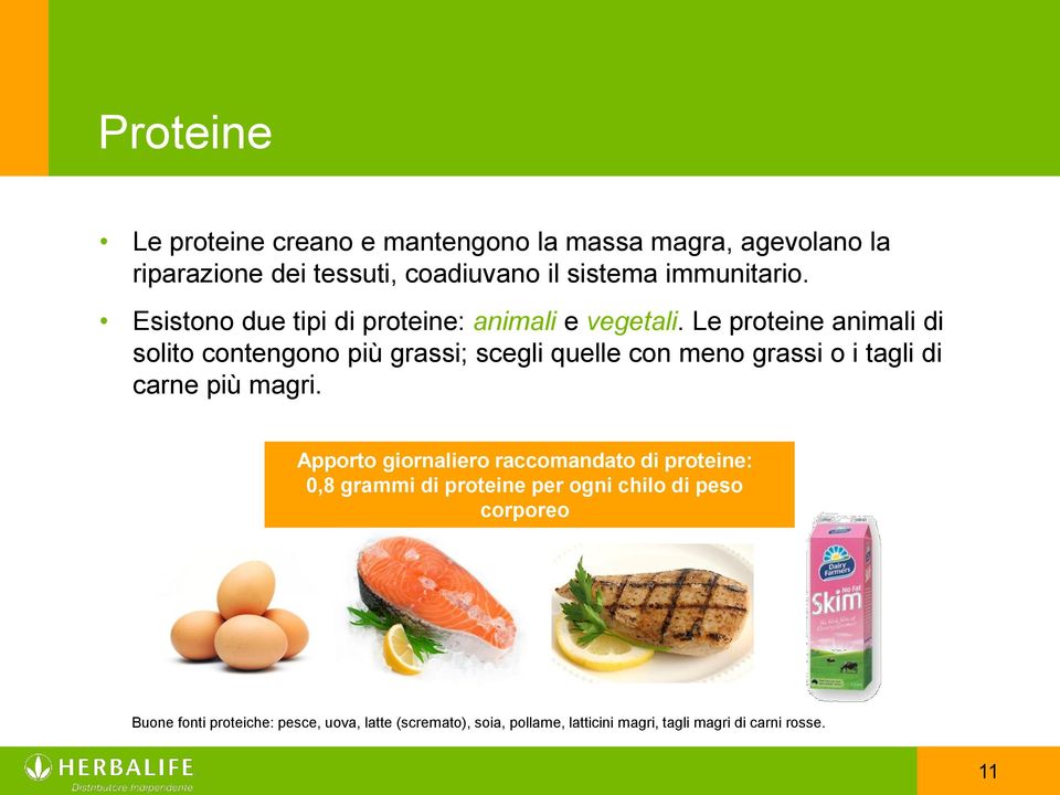 Le proteine animali di solito contengono più grassi; scegli quelle con meno grassi o i tagli di carne più magri.