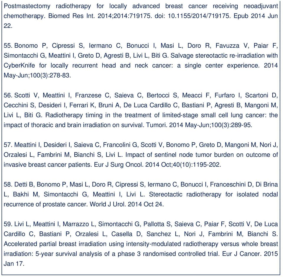 Salvage stereotactic re-irradiation with CyberKnife for locally recurrent head and neck cancer: a single center experience. 2014 May-Jun;100(3):278-83. 56.