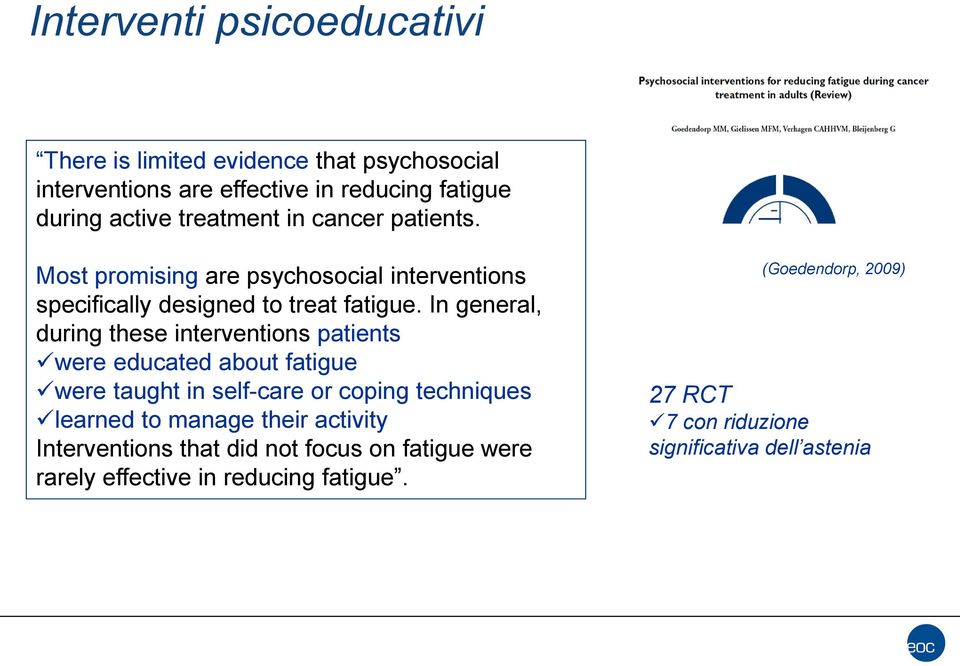 In general, during these interventions patients were educated about fatigue were taught in self-care or coping techniques learned to manage