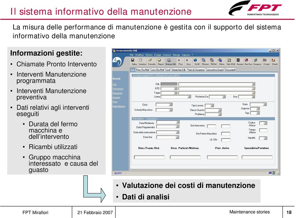 Manutenzione preventiva Dati relativi agli interventi eseguiti Durata del fermo macchina e dell intervento Ricambi utilizzati Gruppo