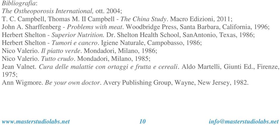 Igiene Naturale, Campobasso, 1986; Nico Valerio. Il piatto verde. Mondadori, Milano, 1986; Nico Valerio. Tutto crudo. Mondadori, Milano, 1985; Jean Valnet.