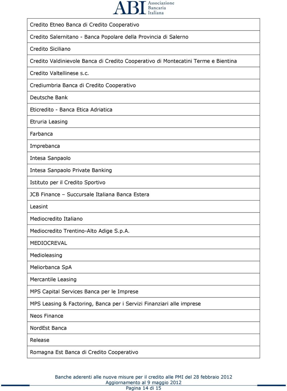 Crediumbria Banca di Credito Cooperativo Deutsche Bank Eticredito - Banca Etica Adriatica Etruria Leasing Farbanca Imprebanca Intesa Sanpaolo Intesa Sanpaolo Private Banking Istituto per il Credito