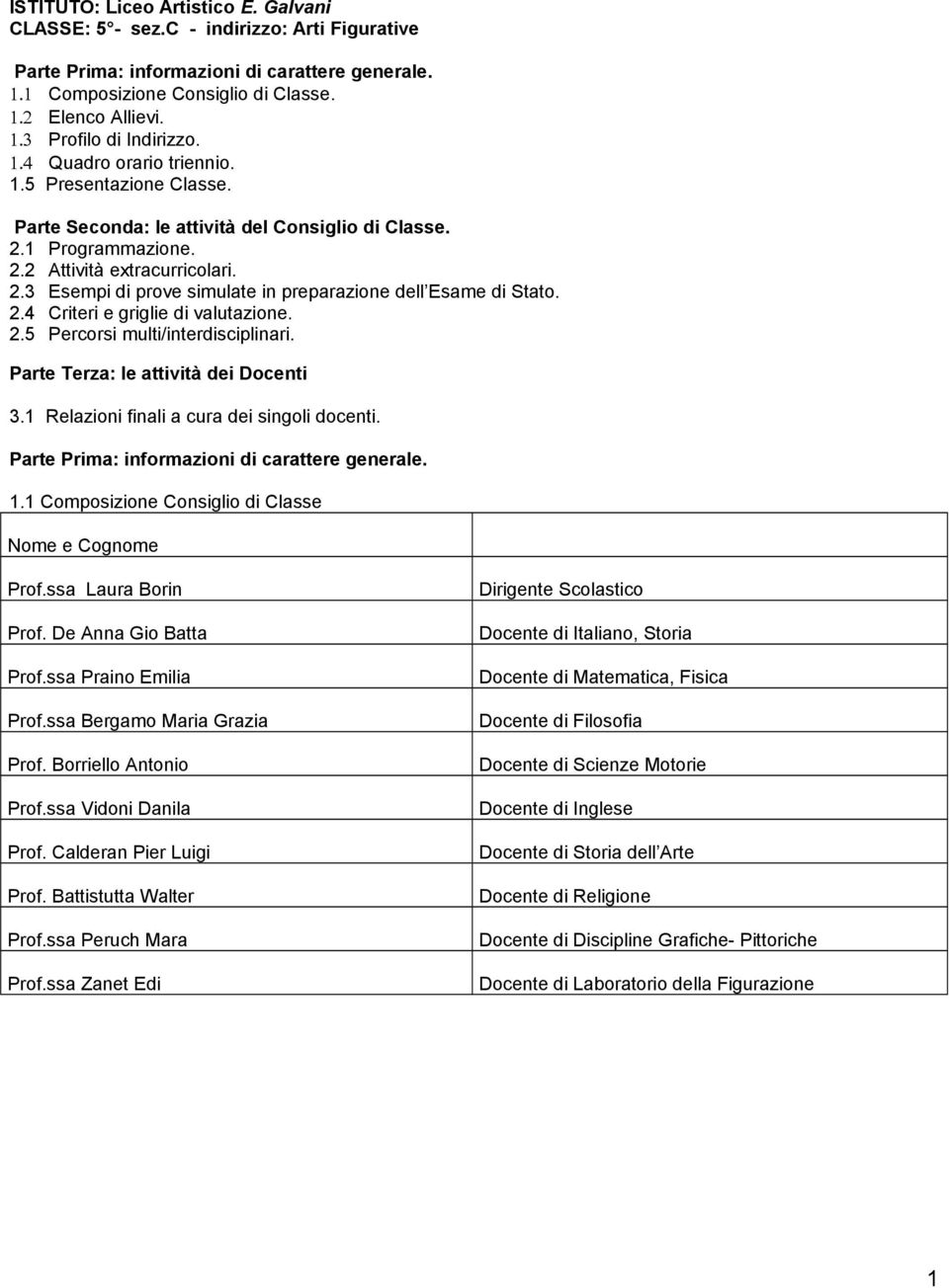 2.4 Criteri e griglie di valutazione. 2.5 Percorsi multi/interdisciplinari. Parte Terza: le attività dei Docenti 3.1 Relazioni finali a cura dei singoli docenti.