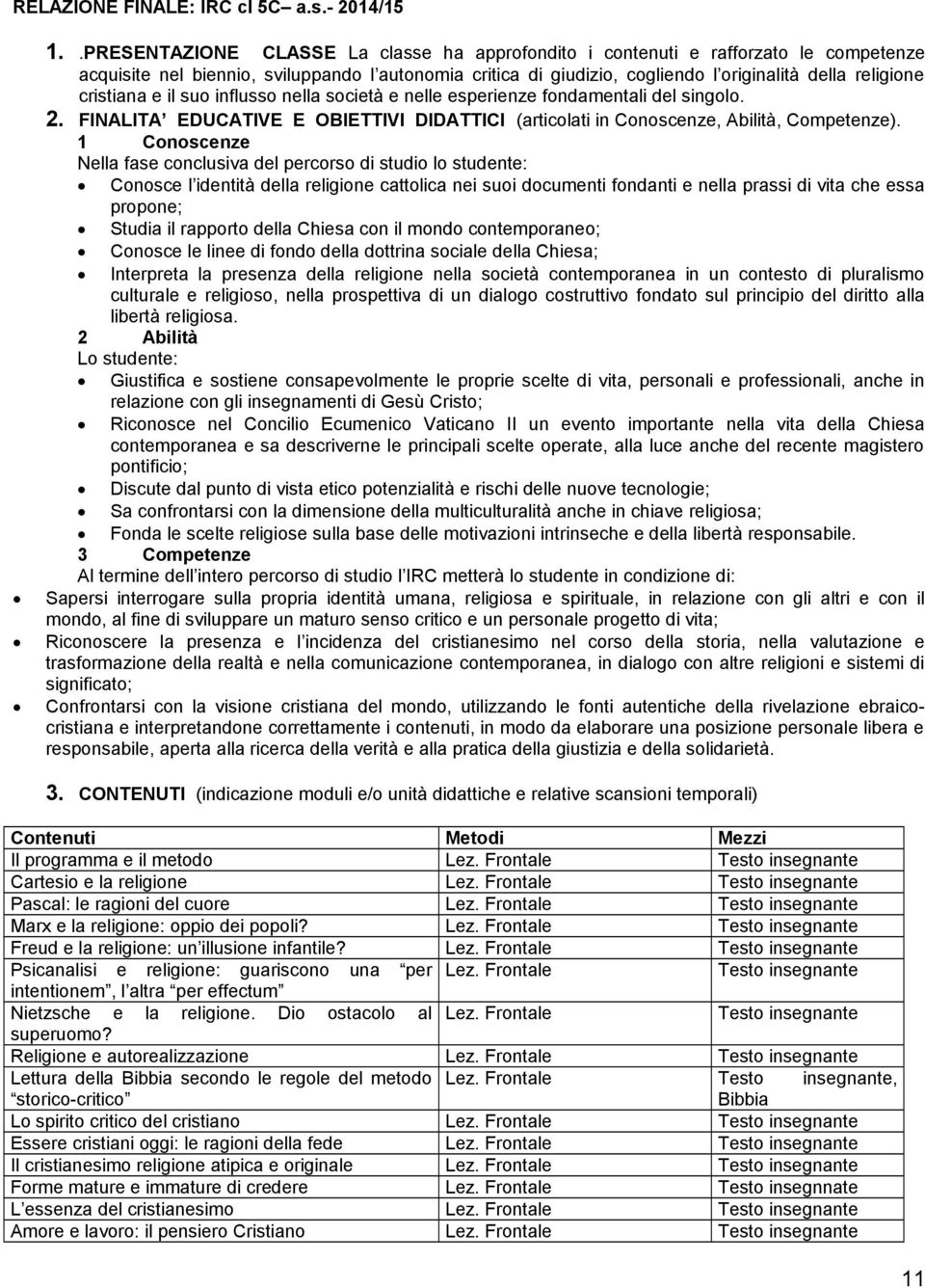 cristiana e il suo influsso nella società e nelle esperienze fondamentali del singolo. 2. FINALITA EDUCATIVE E OBIETTIVI DIDATTICI (articolati in Conoscenze, Abilità, Competenze).