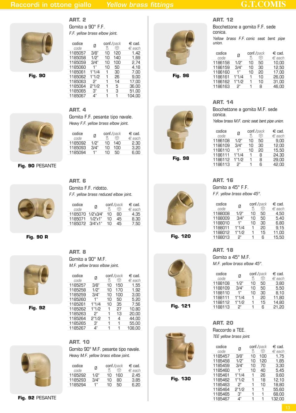 51,00 1185067 4 1 1 104,00 ART. 4 Gomito F.F. pesante tipo navale. Heavy F.F. yellow brass elbow joint. Fig. 96 ART. 12 Bocchettone a gomito F.F. sede conica. Yellow brass F.F. conic seat bent pipe union.