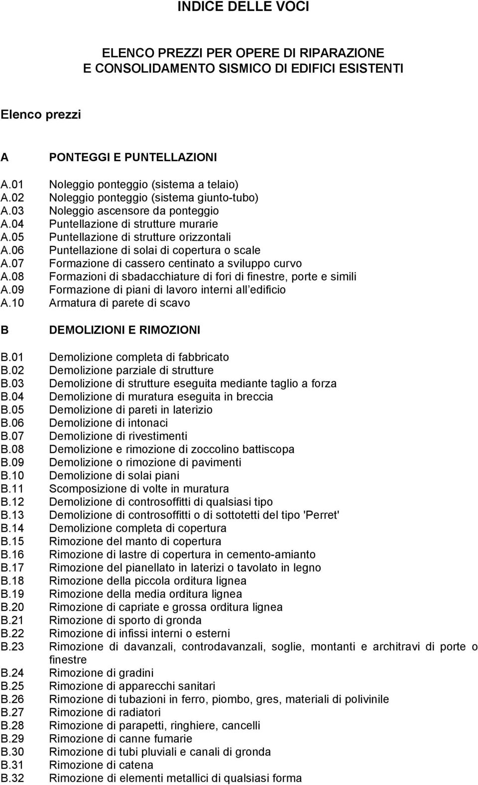 06 Puntellazione di solai di copertura o scale A.07 Formazione di cassero centinato a sviluppo curvo A.08 Formazioni di sbadacchiature di fori di finestre, porte e simili A.