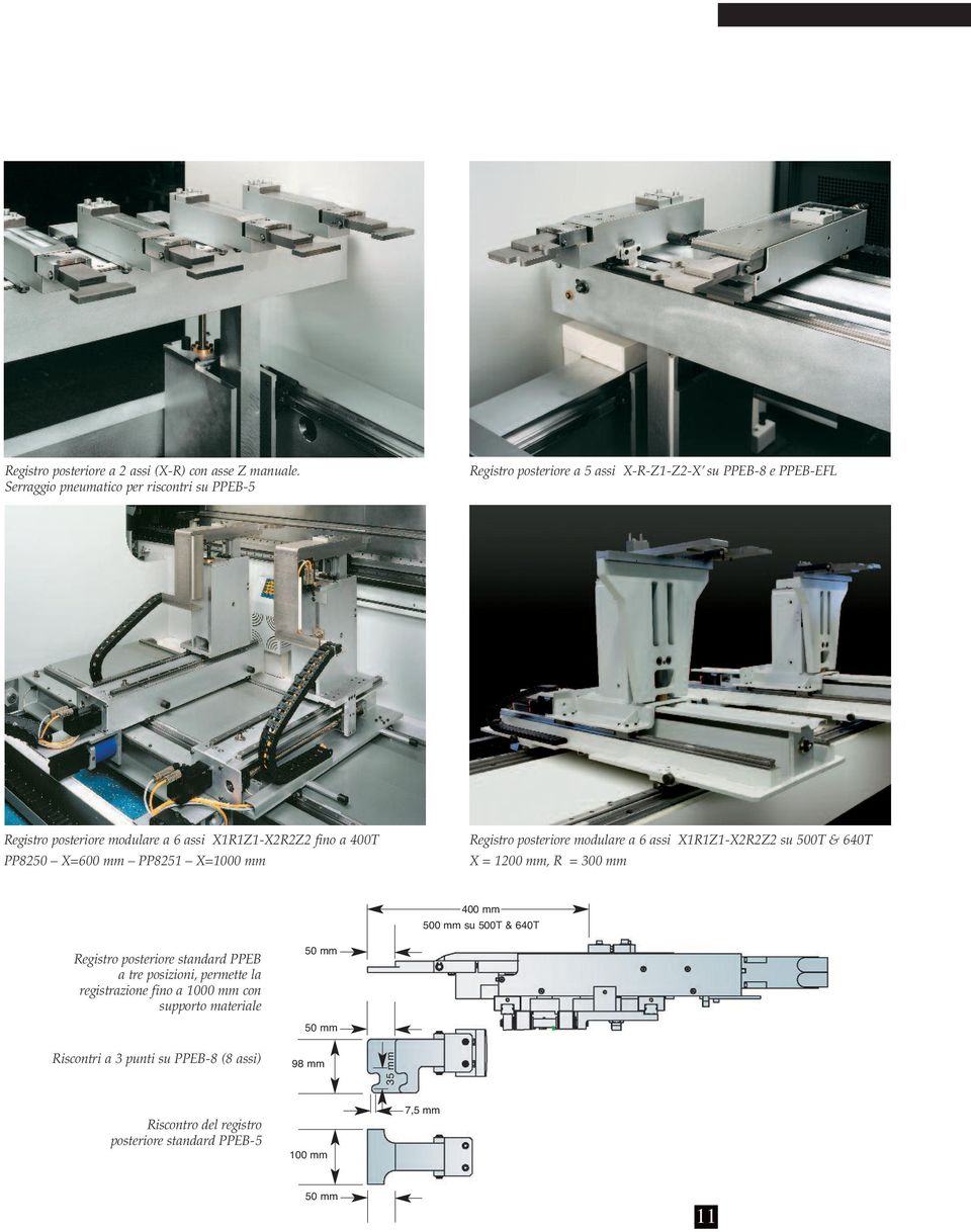 X1R1Z1-X2R2Z2 fino a 400T PP8250 X=600 mm PP8251 X=1000 mm Registro posteriore modulare a 6 assi X1R1Z1-X2R2Z2 su 500T & 640T X = 1200 mm, R = 300 mm 400 mm