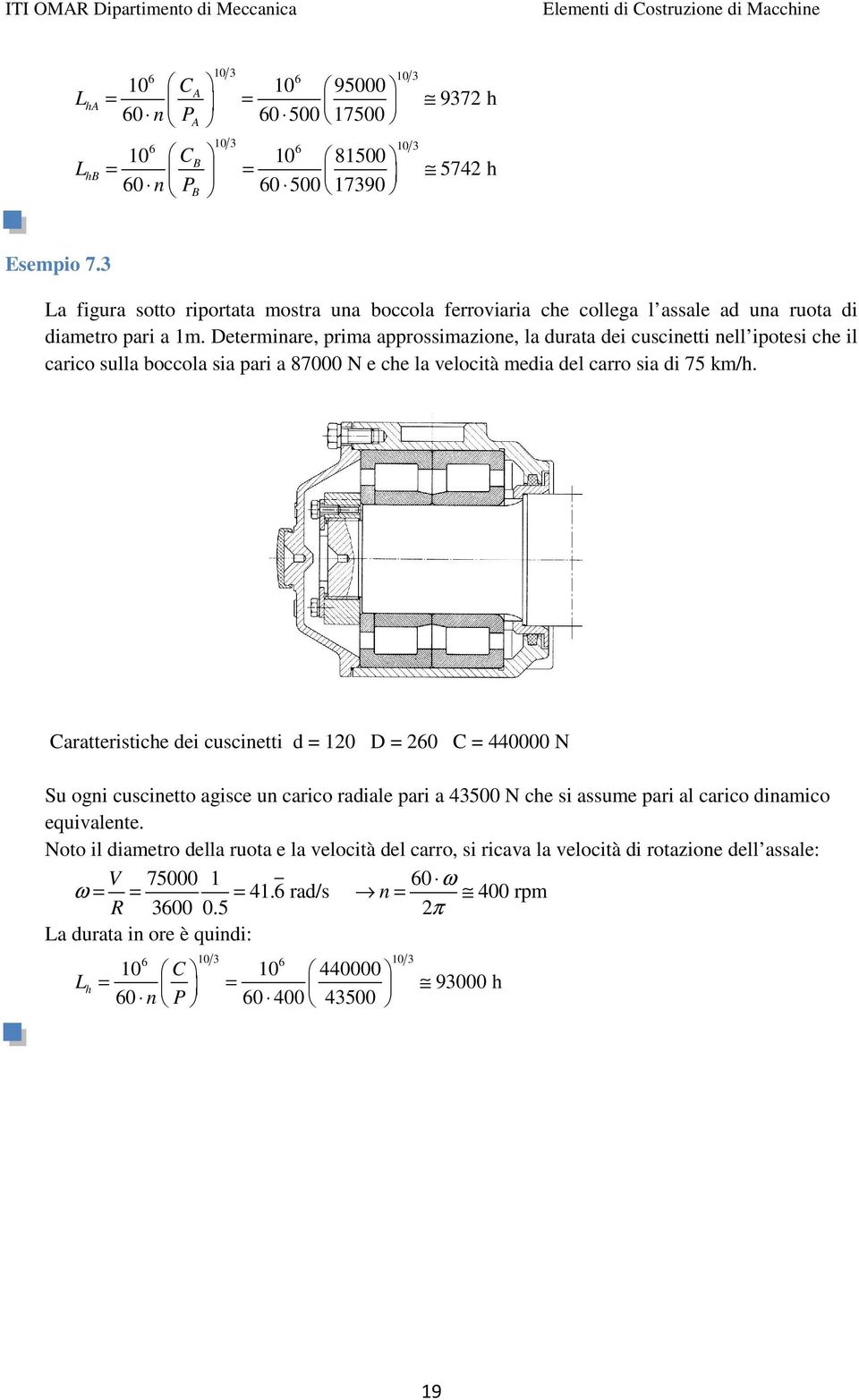 Determinare, prima approssimazione, la durata dei cuscinetti nell ipotesi che il carico sulla boccola sia pari a 87000 N e che la velocità media del carro sia di 75 km/h.