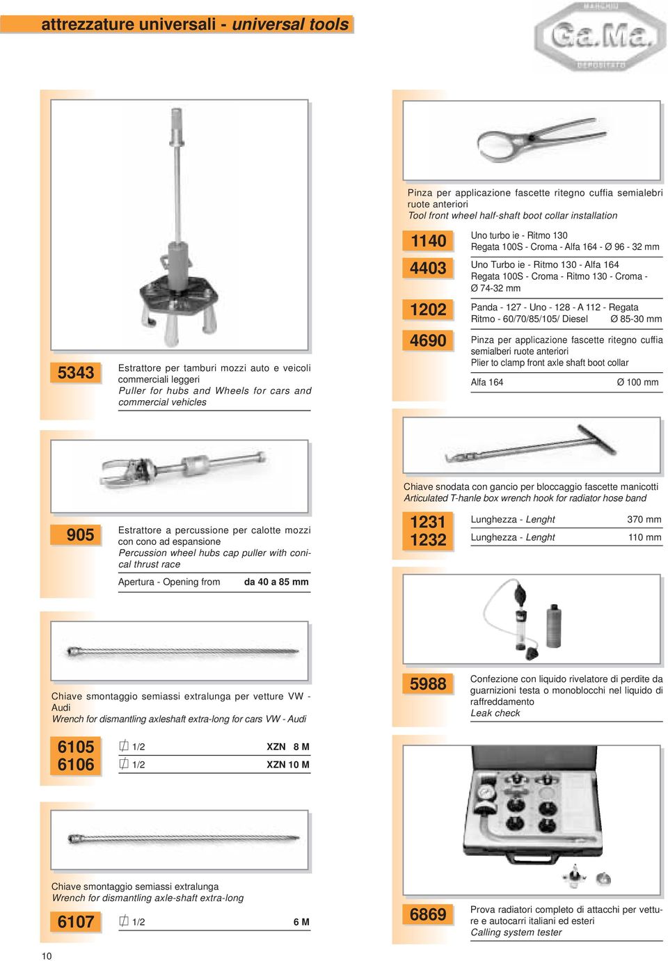 ie - Ritmo 130 - Alfa 164 Regata 100S - Croma - Ritmo 130 - Croma - Ø 74-32 mm Panda - 127 - Uno - 128 - A 112 - Regata Ritmo - 60/70/85/105/ Diesel Ø 85-30 mm Pinza per applicazione fascette ritegno