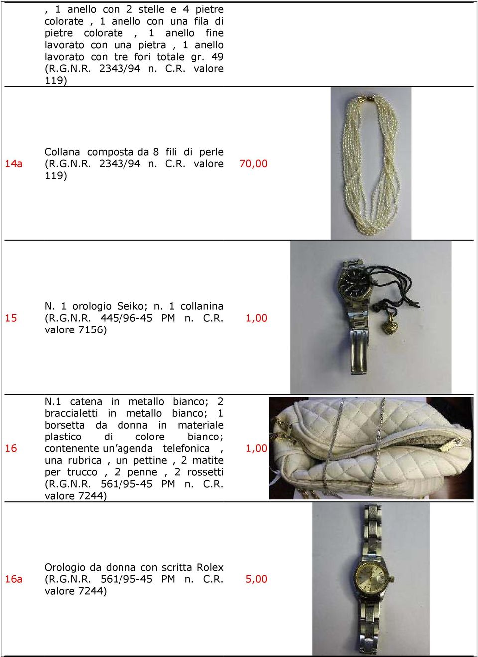 1 catena in metallo bianco; 2 braccialetti in metallo bianco; 1 borsetta da donna in materiale plastico di colore bianco; contenente un agenda telefonica, una rubrica, un pettine, 2