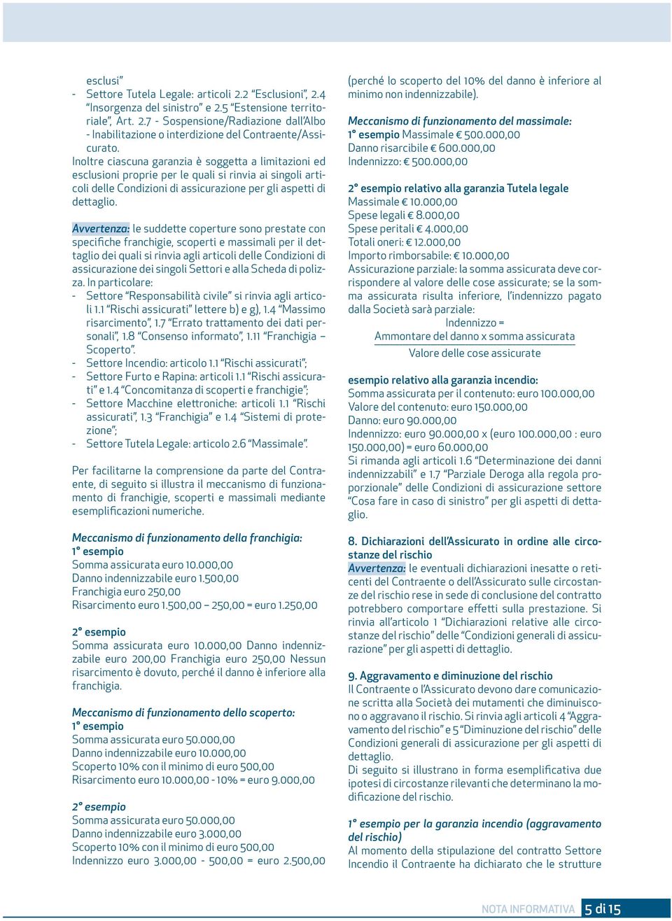 Avvertenza: le suddette coperture sono prestate con specifiche franchigie, scoperti e massimali per il dettaglio dei quali si rinvia agli articoli delle Condizioni di assicurazione dei singoli