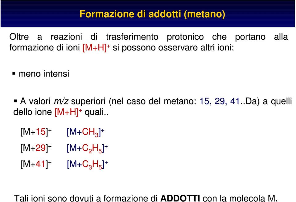 metano: 15, 29, 41..Da.Da)) a quelli dello ione [M+H] + quali.