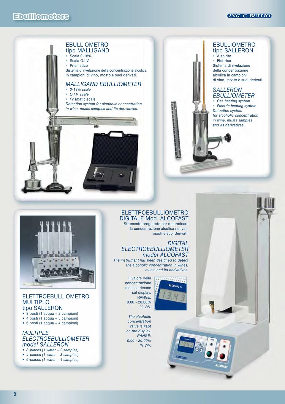 EBULLIOMETRO tipo SALLERON A spirito Elettrico Sistema di rivelazione della concentrazione alcolica in campioni di vino, mosto e suoi derivati.