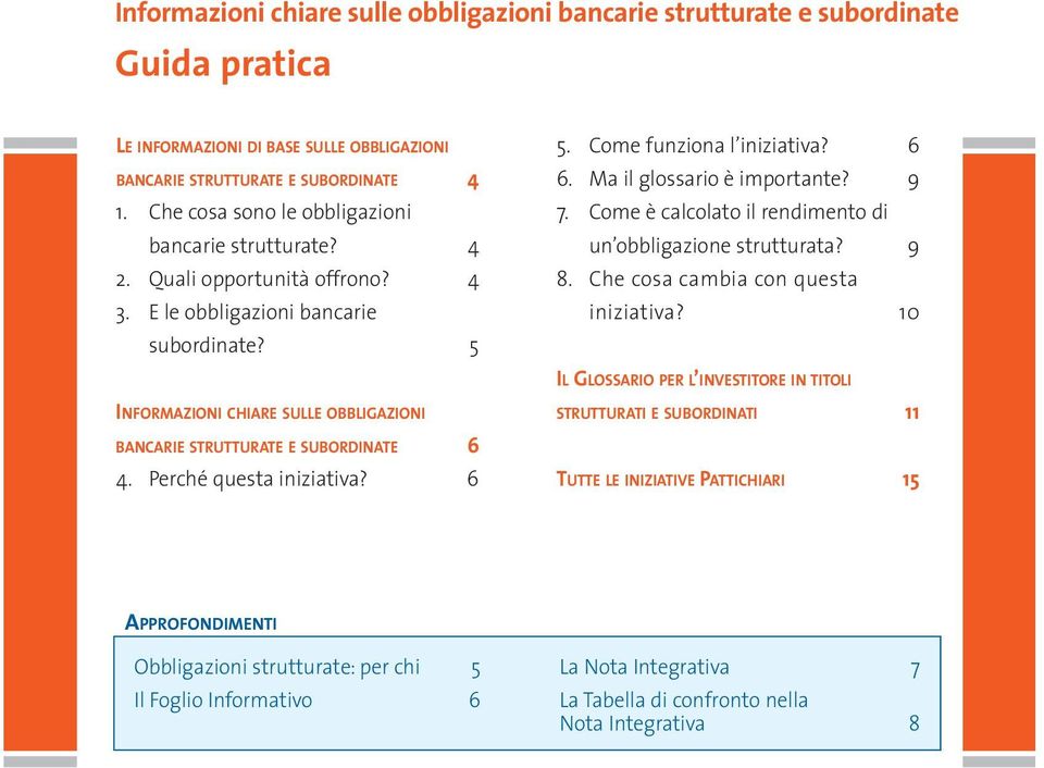 5 INFORMAZIONI CHIARE SULLE OBBLIGAZIONI BANCARIE STRUTTURATE E SUBORDINATE 6 4. Perché questa iniziativa? 6 5. Come funziona l iniziativa? 6 6. Ma il glossario è importante? 9 7.