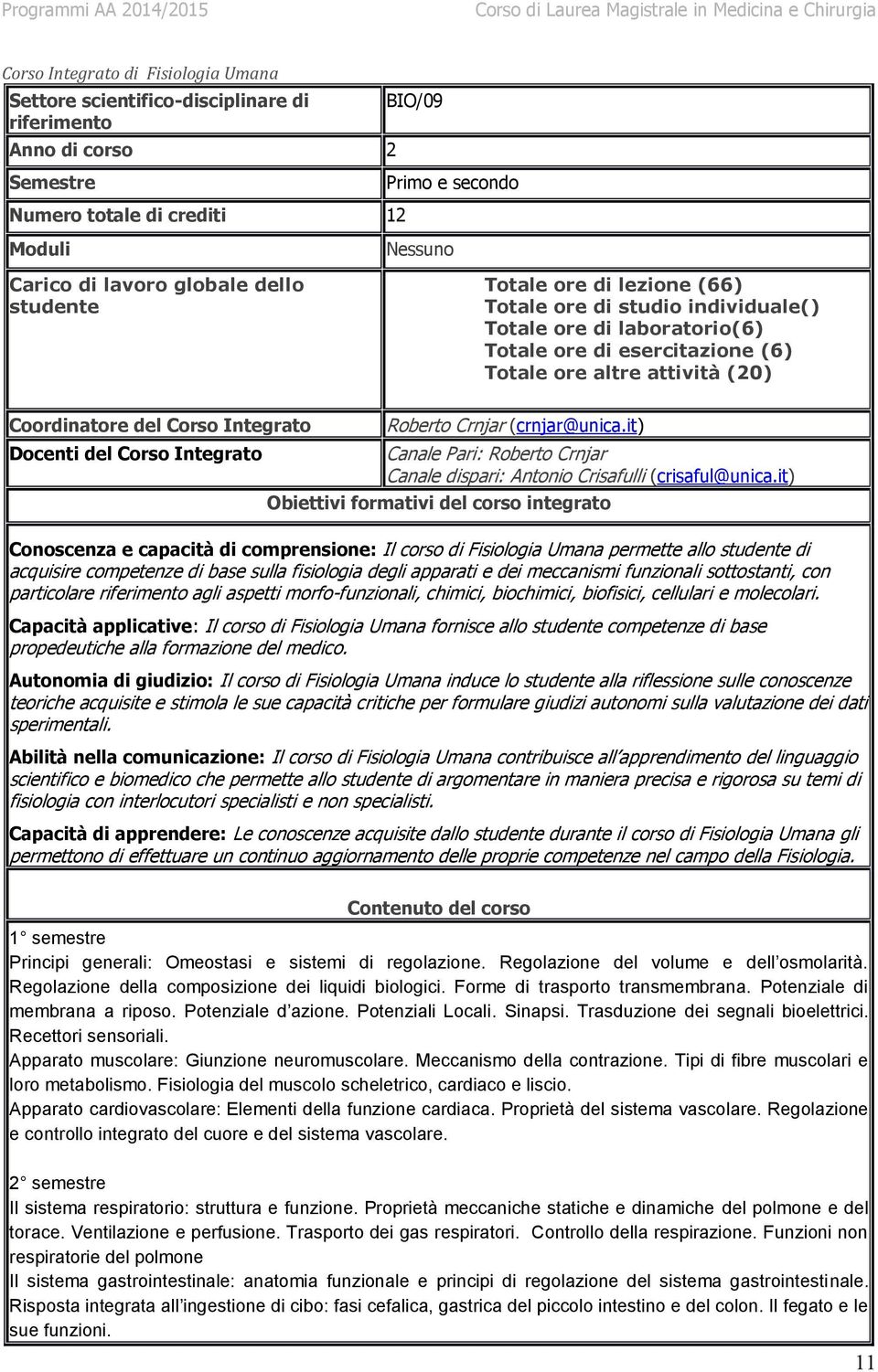 Integrato Docenti del Corso Integrato Roberto Crnjar (crnjar@unica.it) Canale Pari: Roberto Crnjar Canale dispari: Antonio Crisafulli (crisaful@unica.