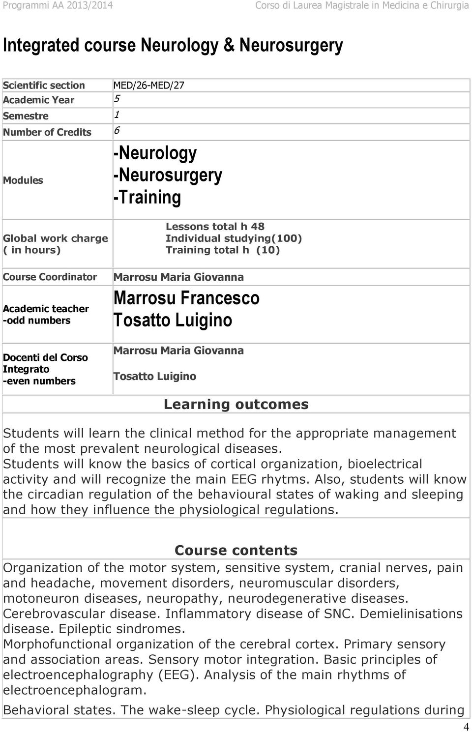 Tosatto Luigino Marrosu Maria Giovanna Tosatto Luigino Learning outcomes Students will learn the clinical method for the appropriate management of the most prevalent neurological diseases.