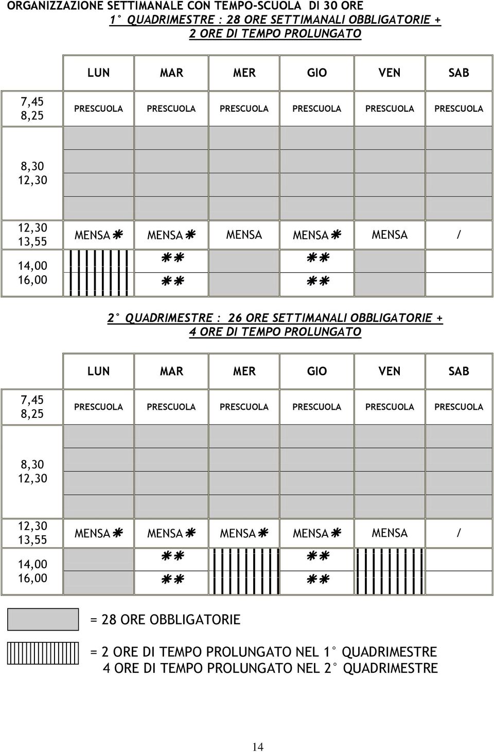 SETTIMANALI OBBLIGATORIE + 4 ORE DI TEMPO PROLUNGATO LUN MAR MER GIO VEN SAB 7,45 8,25 PRESCUOLA PRESCUOLA PRESCUOLA PRESCUOLA PRESCUOLA PRESCUOLA 8,30 12,30