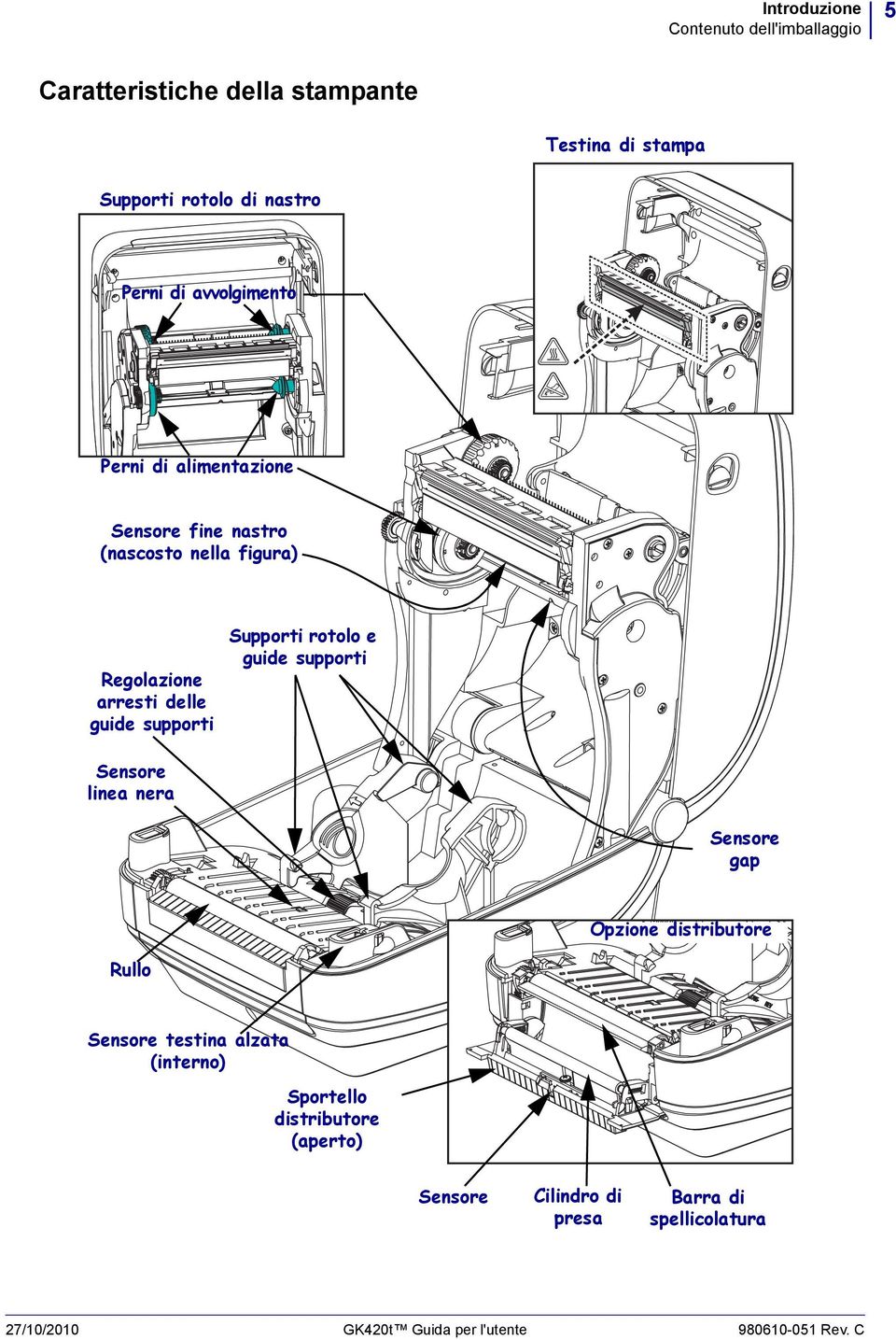 Supporti rotolo e guide supporti Sensore linea nera Sensore gap Opzione distributore Rullo Sensore testina alzata (interno)