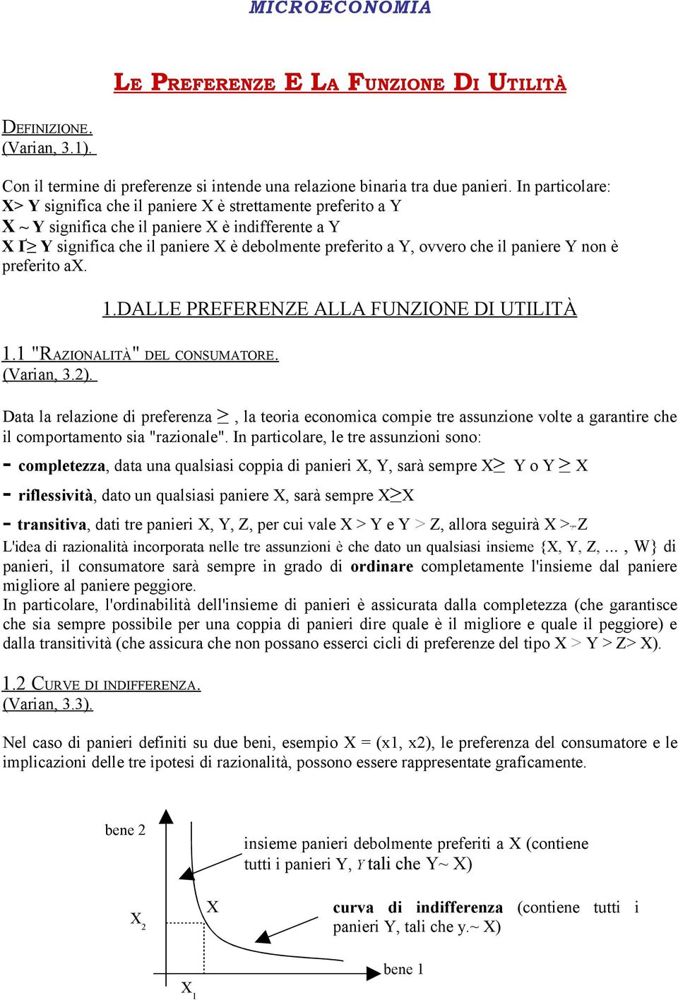 che il paniere Y non è preferito ax. 1.DALLE PREFERENZE ALLA FUNZIONE DI UTILITÀ 1.1 "RAZIONALITÀ" DEL CONSUMATORE. (Varian, 3.2).