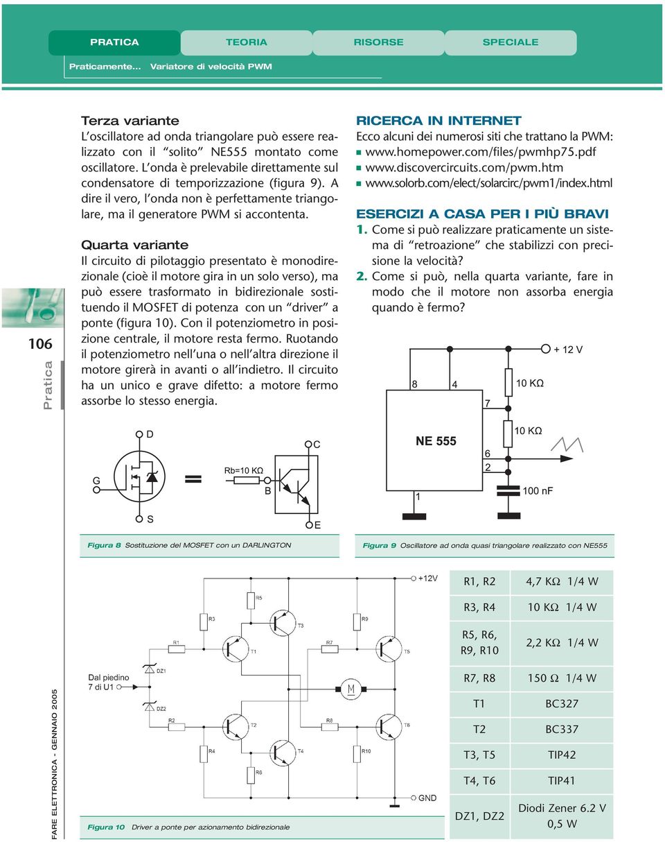 Quarta variante Il circuito di pilotaggio presentato è monodirezionale (cioè il motore gira in un solo verso), ma può essere trasformato in bidirezionale sostituendo il MOSFET di potenza con un