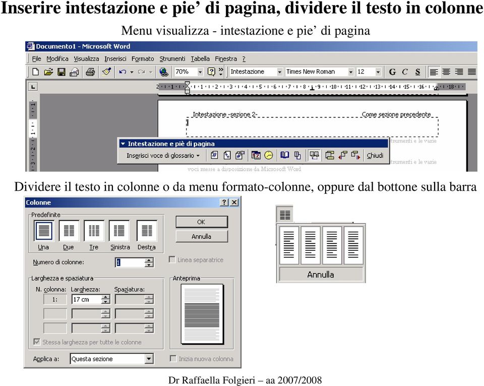 pie di pagina Dividere il testo in colonne o da