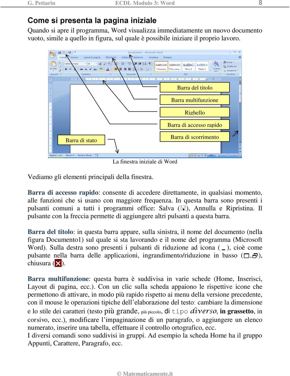 Barra del titolo Barra multifunzione Righello Barra di accesso rapido Barra di stato Barra di scorrimento La finestra iniziale di Word Vediamo gli elementi principali della finestra.