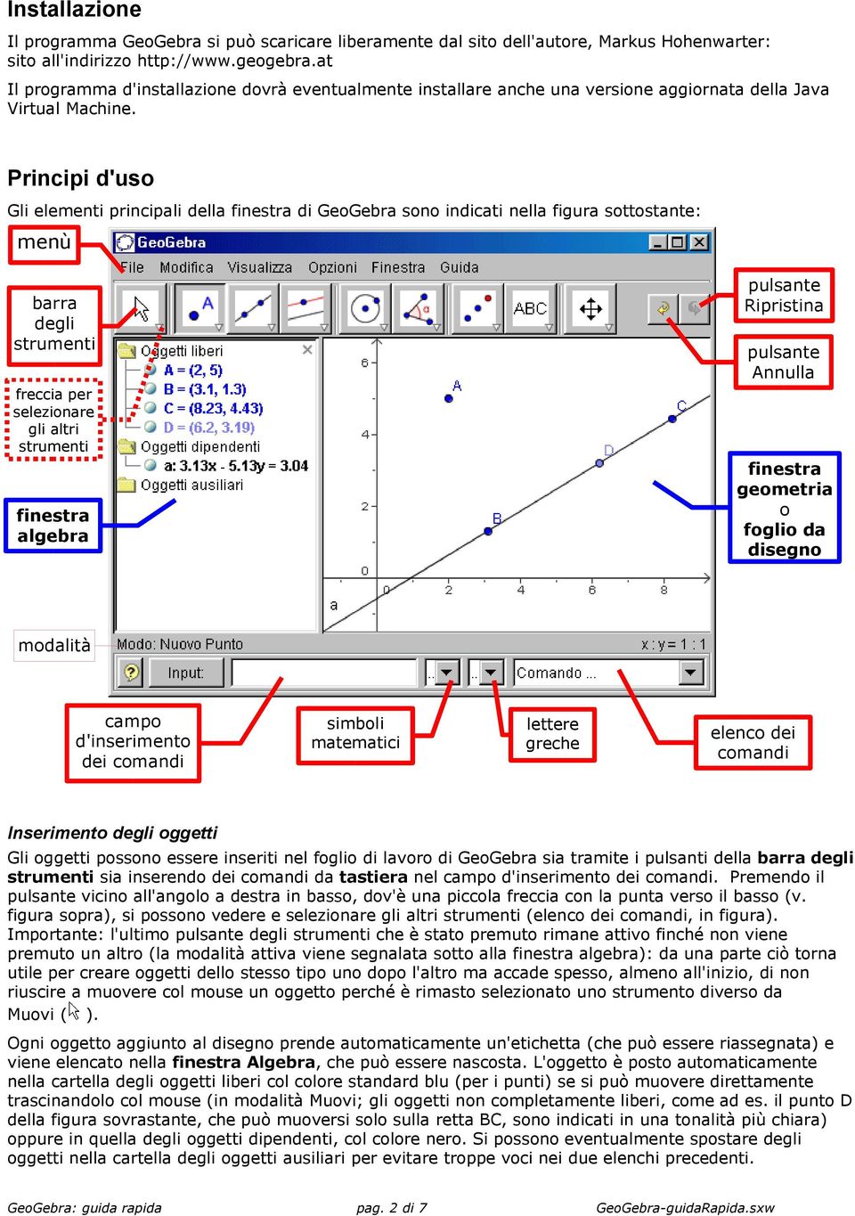 Principi d'uso Gli elementi principali della finestra di GeoGebra sono indicati nella figura sottostante: menù barra degli strumenti freccia per selezionare gli altri strumenti finestra algebra