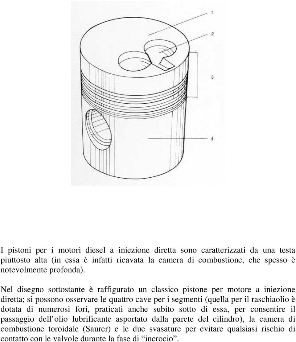 Nel disegno sottostante è raffigurato un classico pistone per motore a iniezione diretta; si possono osservare le quattro cave per i segmenti (quella per il