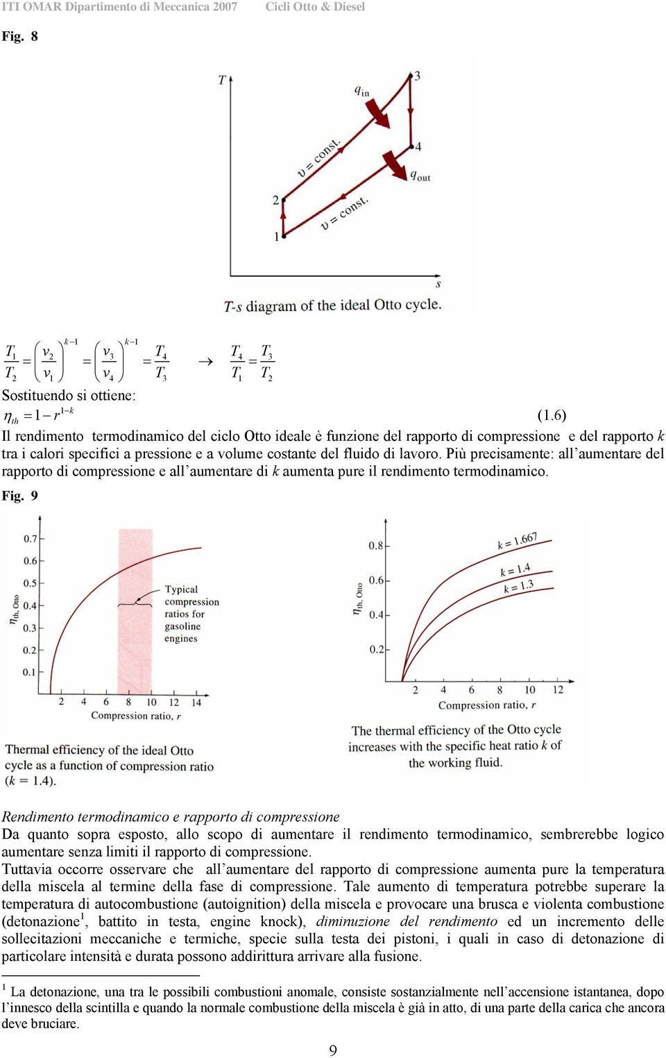 Più precisamente: all aumentare del rapporto di compressione e all aumentare di k aumenta pure il rendimento termodinamico. Fig.