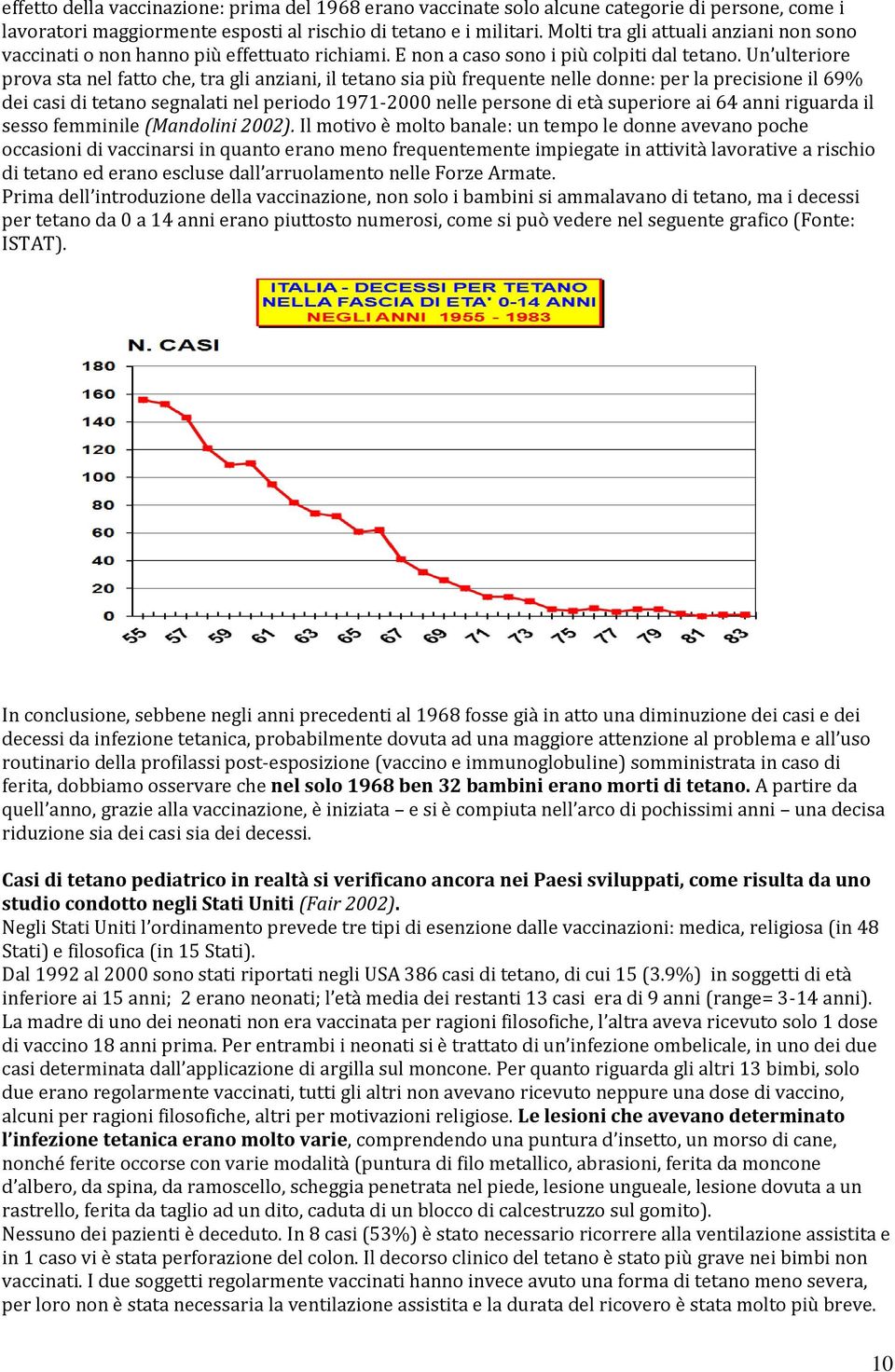 Un ulteriore prova sta nel fatto che, tra gli anziani, il tetano sia più frequente nelle donne: per la precisione il 69% dei casi di tetano segnalati nel periodo 1971-2000 nelle persone di età