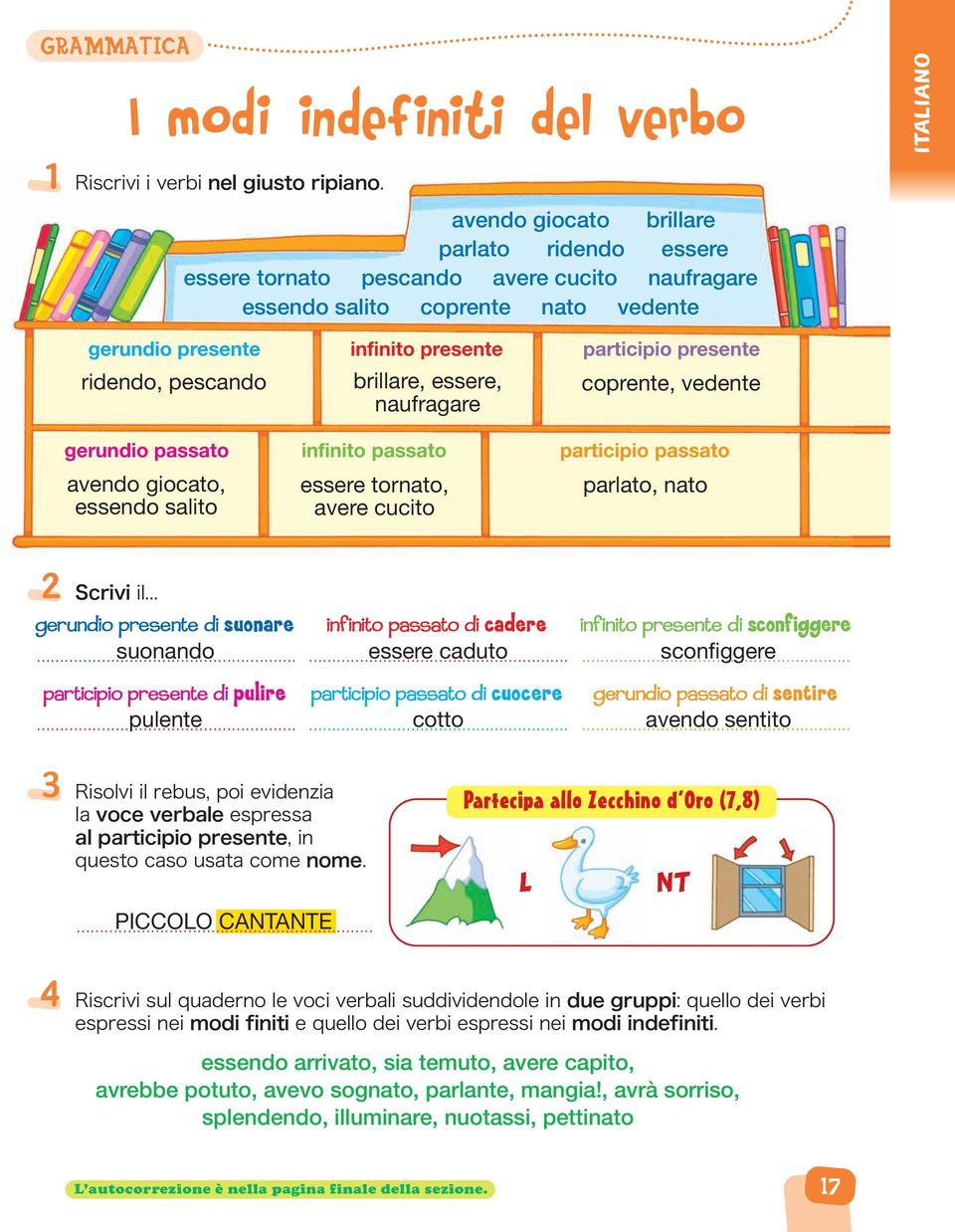 ridendo, pescando brillare, essere, coprente, vedente naufragare gerundio passato avendo giocato, essendo salito infinito passato essere tornato, avere cucito participio passato parlato, nato Scrivi