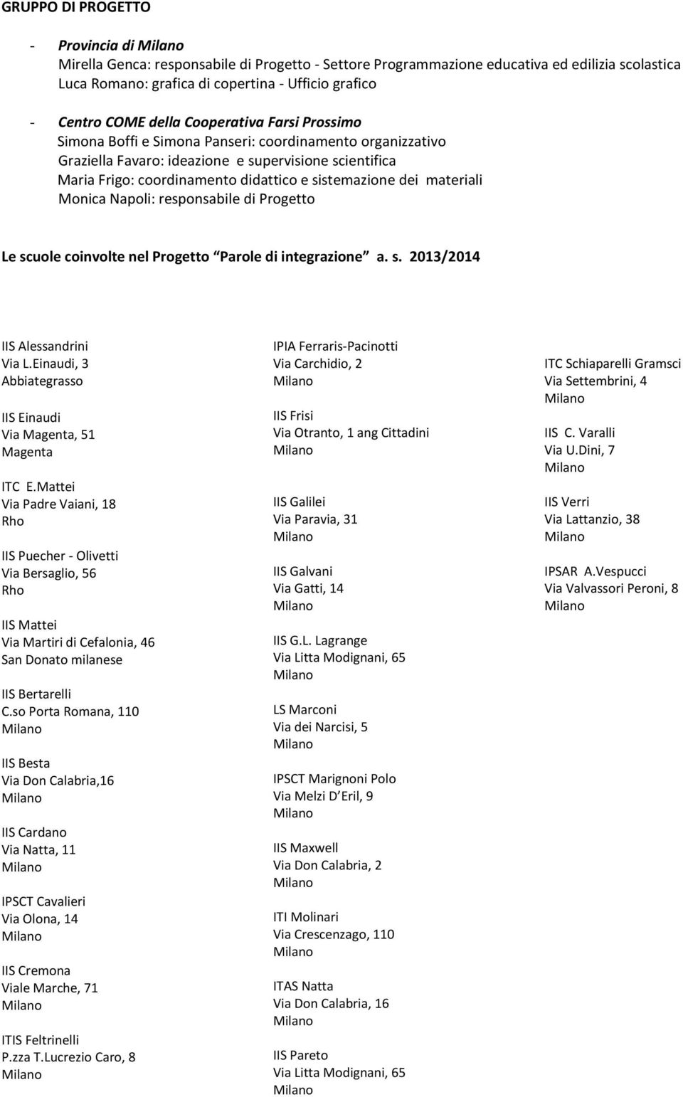 sistemazione dei materiali Monica Napoli: responsabile di Progetto Le scuole coinvolte nel Progetto Parole di integrazione a. s. 2013/2014 IIS Alessandrini Via L.