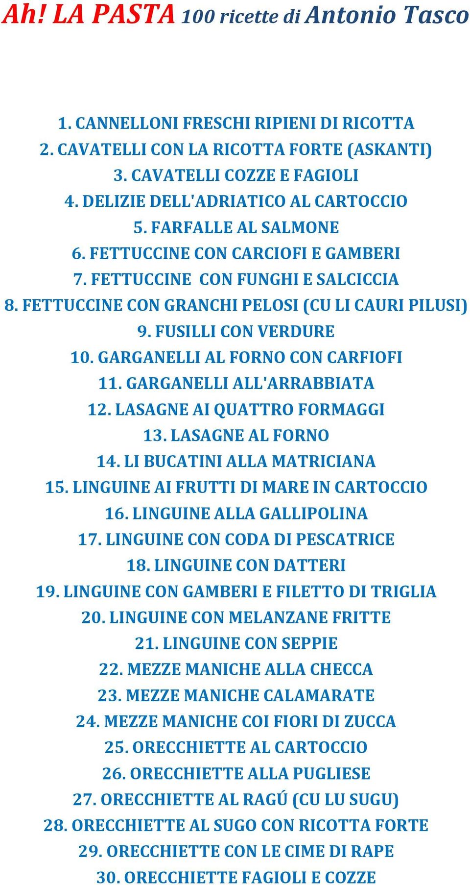 GARGANELLI AL FORNO CON CARFIOFI 11. GARGANELLI ALL'ARRABBIATA 12. LASAGNE AI QUATTRO FORMAGGI 13. LASAGNE AL FORNO 14. LI BUCATINI ALLA MATRICIANA 15. LINGUINE AI FRUTTI DI MARE IN CARTOCCIO 16.