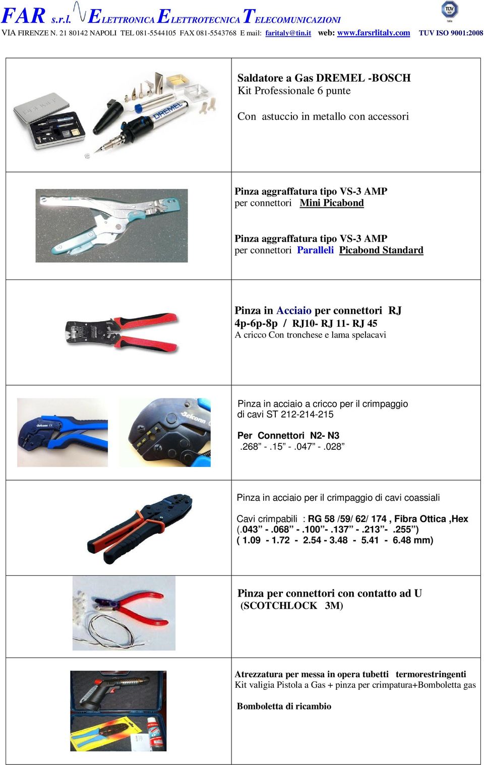 212-214-215 Per Connettori N2- N3.268 -.15 -.047 -.028 Pinza in acciaio per il crimpaggio di cavi coassiali Cavi crimpabili : RG 58 /59/ 62/ 174, Fibra Ottica,Hex (.043 -.068 -.100 -.137 -.213 -.