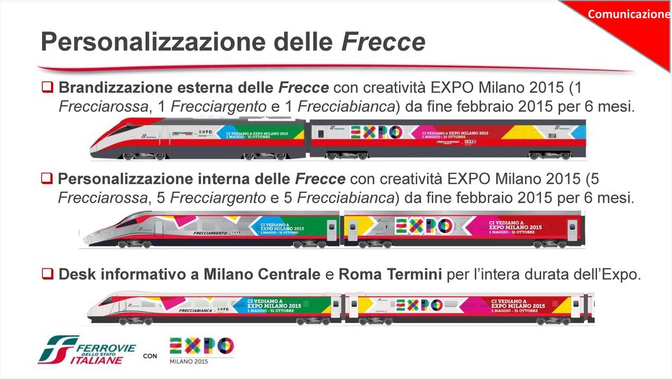 Personalizzazione interna delle Frecce con creatività EXPO Milano 2015 (5 Frecciarossa, 5 Frecciargento e 5