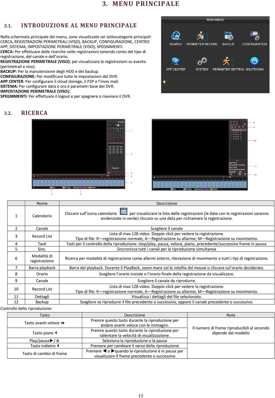 SISTEMA, IMPOSTAZIONE PERIMETRALE (VISO), SPEGNIMENTI. CERCA: Per effettuare delle ricerche nelle registrazioni tenendo conto del tipo di registrazione, del canale e dell orario.