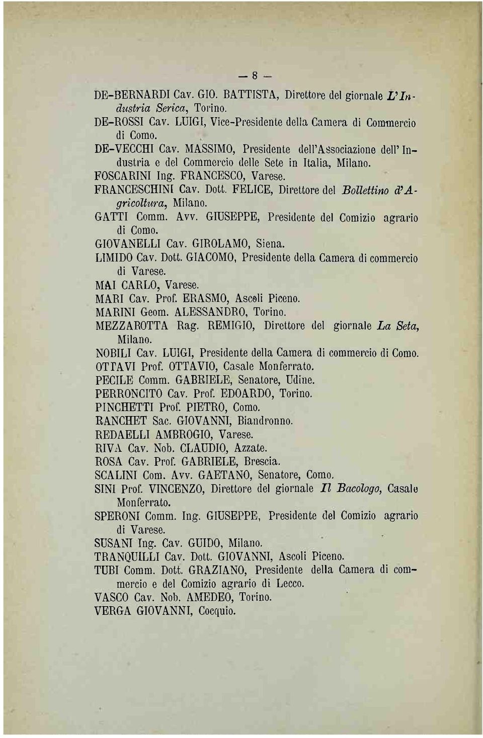 FELICE, Direttore del Bollettino d'agricoltura, Milano. GATTI Comm. Avv. GIUSEPPE, Presidente del Comizio agrario di Como. GIOVANELLI Cav. GIROLAMO, Siena. LIMIDO Cav. Dott.