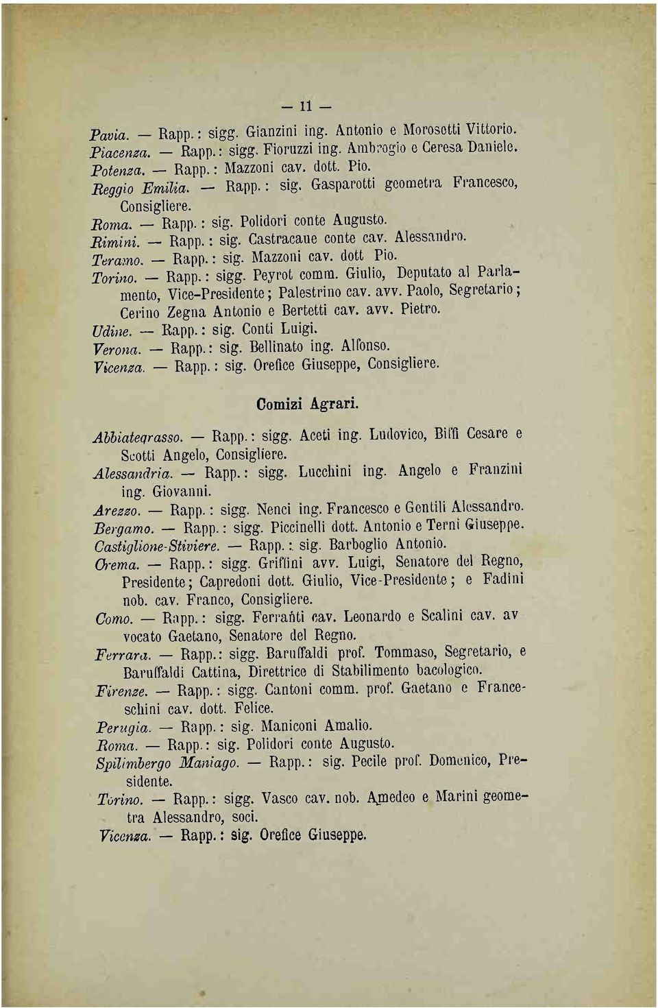 Torino. Rapp. : sigg. Peyrot comm. Giulio, Deputato al Parlamento, Vice-Presidente ; Palestrino cav. avv. Paolo, Segretario ; Cerino Zegna Antonio e Bertetti cav. avv. Pietro. Udine. Rapp. : sig. Conti Luigi.