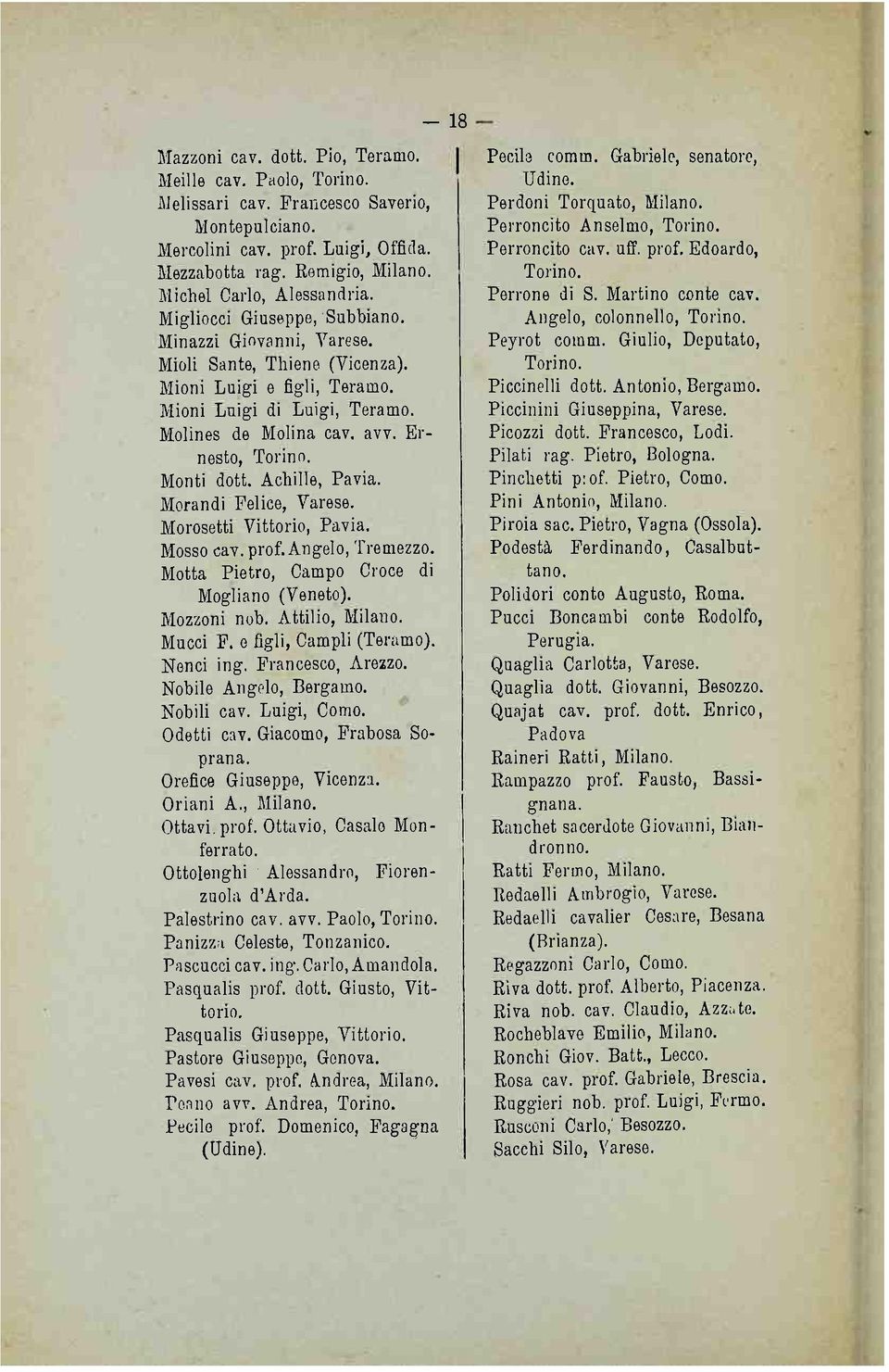 Ernesto, Torino. Monti dott. Achille, Pavia. Morandi Felice, Varese. Morosetti Vittorio, Pavia. Mosso cav. prof. Angelo, Tramezzo. Motta Pietro, Campo Croce di Mogliano (Veneto). Mozzoni nob.